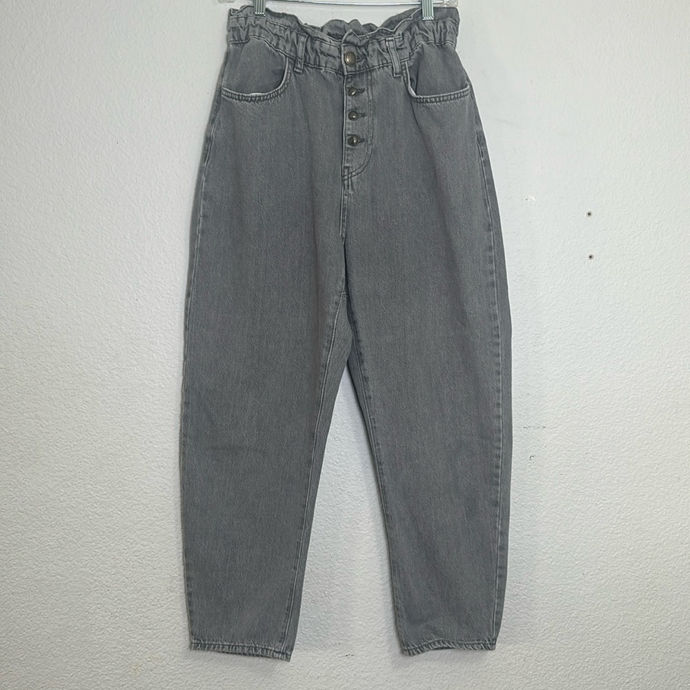 Zara Paperbag Baggy Balloon Leg Grey Button Fly Cotton Denim Jeans Womens Size 6
